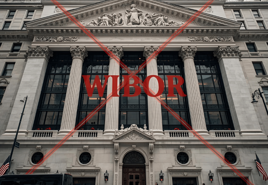 Zabezpieczenie powództwa WIBOR 2025 – bank i przekreślony WIBOR, symbol wstrzymania spłaty rat kredytu hipotecznego